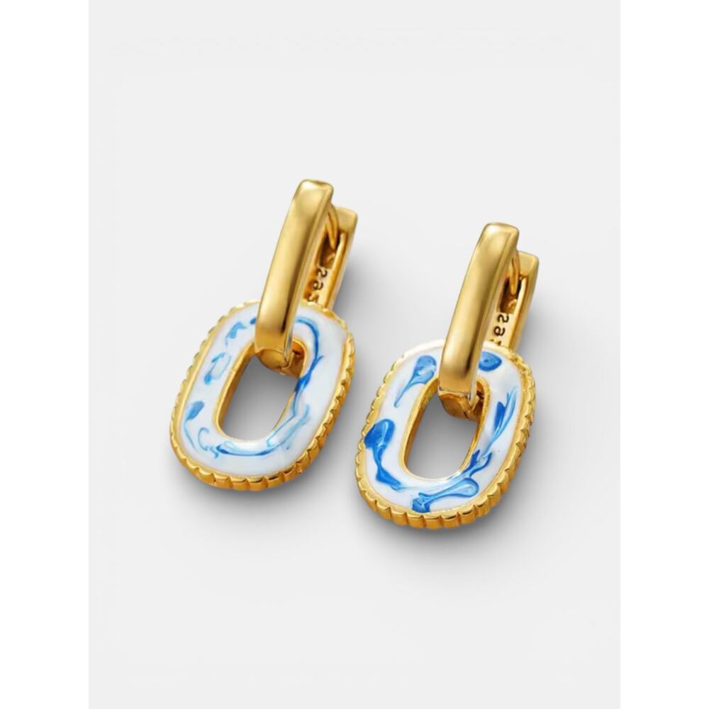 Altar'd State Earrings White Blue Painted Floral Gold Huggie french cottage